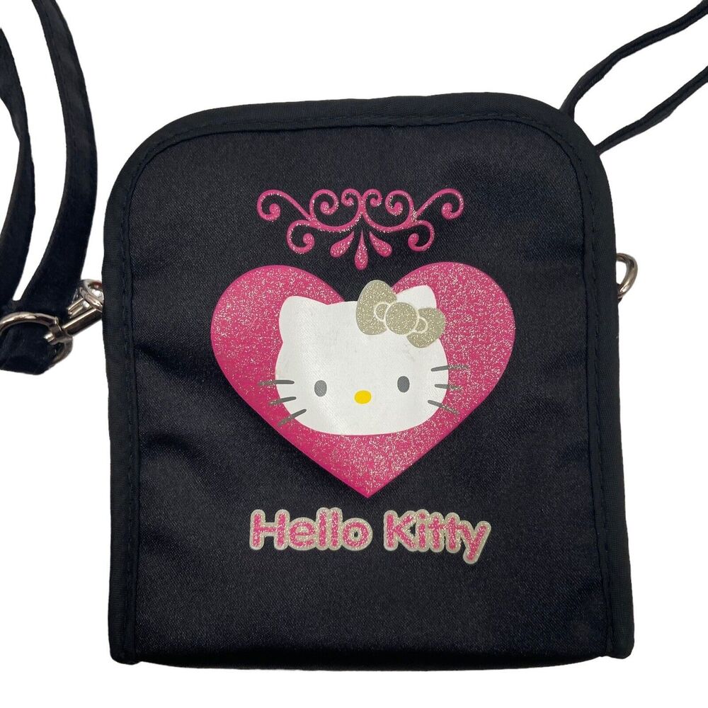 2000 Sanrio Black Hello Kitty with‎ Heart Nylon Shoulder Bag Wallet Coin Purse